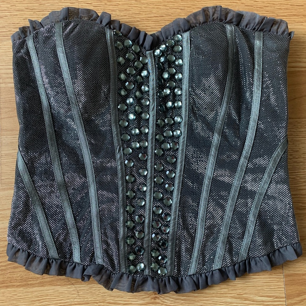 Metallic Grey jeweled Corset - size Medium, zipper back, sweetheart neckline
